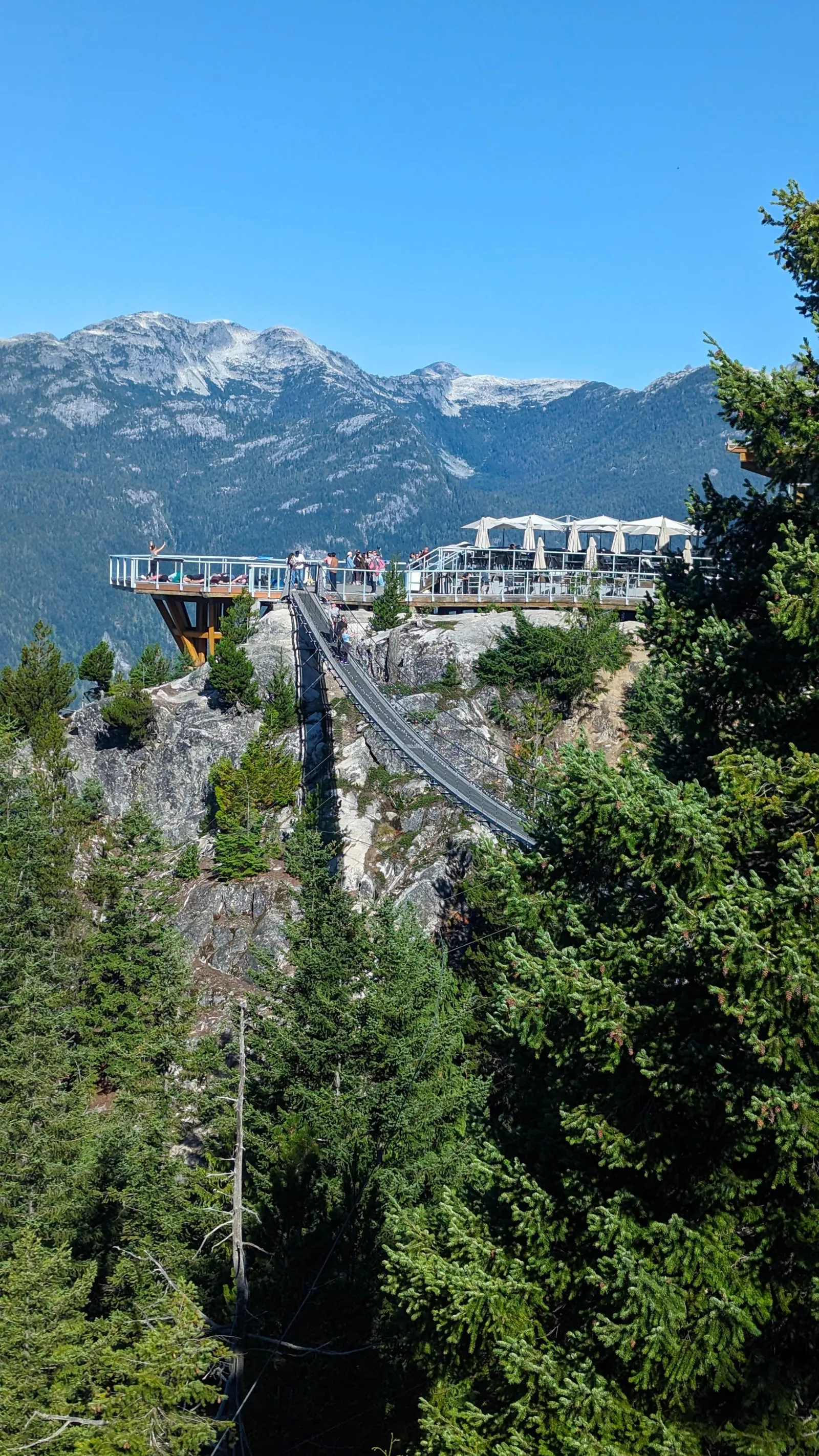 Chief Overlook platform and the Sky Pilot Suspension Bridge below snowy peaks