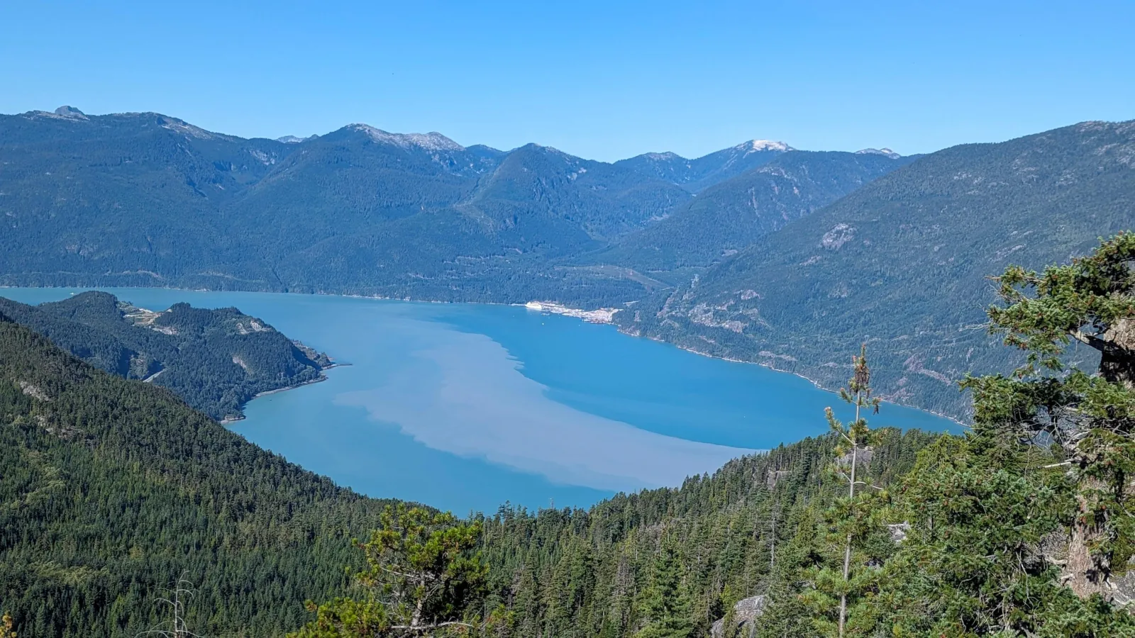 Howe Sound's blue and silty water seen from the gondola summit trails