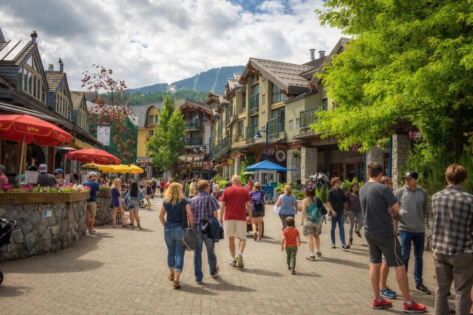 Summer crowds walking the Village Stroll in Whistler past patios and shops