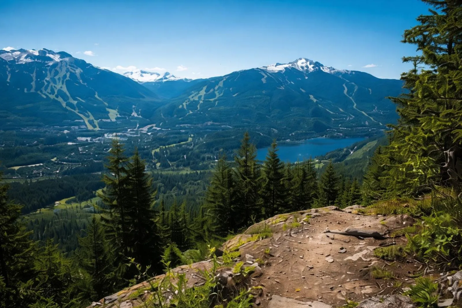 Trail viewpoint over the Whistler valley with ski runs on Whistler and Blackcomb