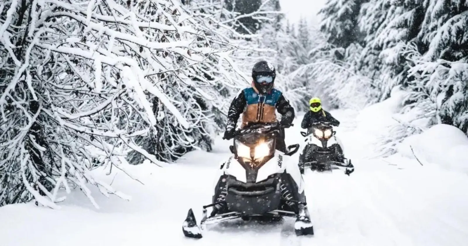 Two riders on white Ski-Doo snowmobiles on a snowy forest trail under heavy snowfall