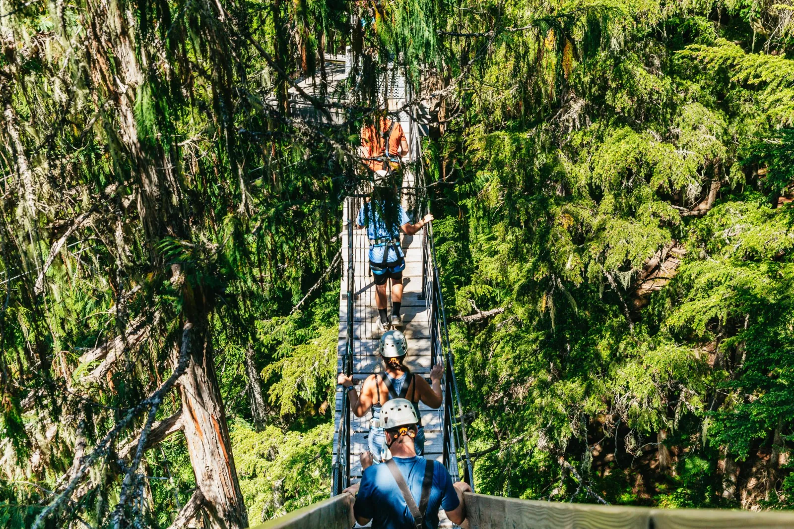 Zipliners in helmets crossing a narrow suspension bridge through the treetops