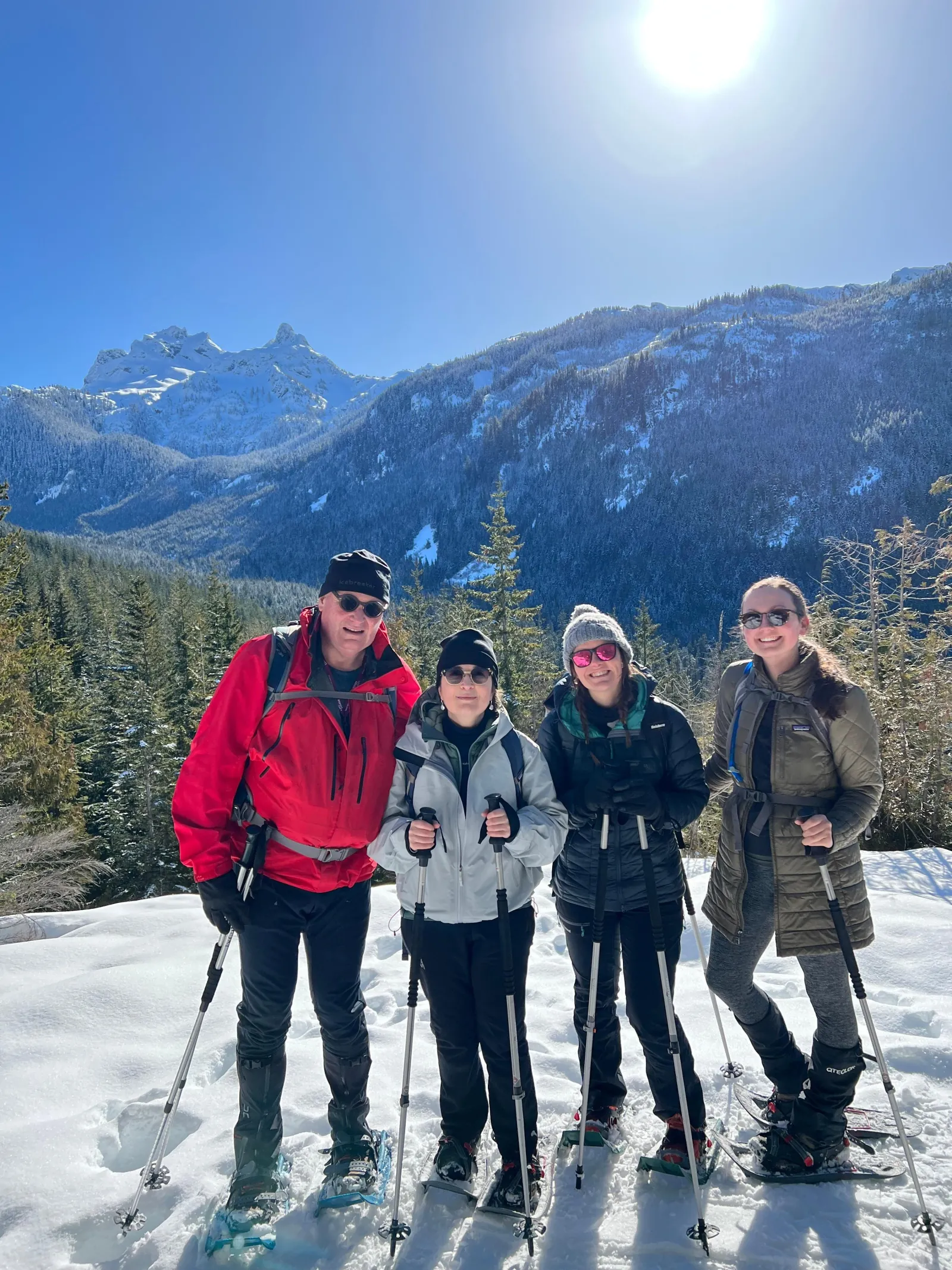 Four smiling snowshoers with poles on a sunny summit trail below snowy peaks