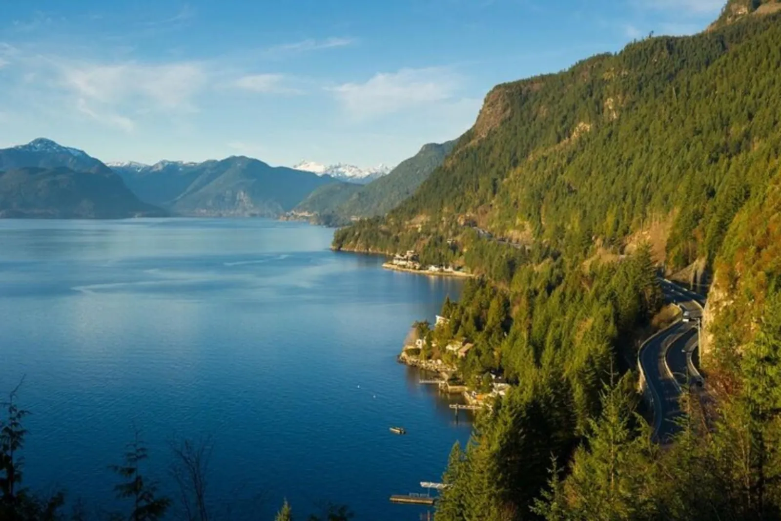 Sea-to-Sky Highway curving along the cliffs above Howe Sound