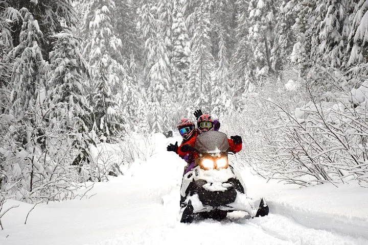 Two riders on a snowmobile with headlights on, riding a snow-covered forest trail
