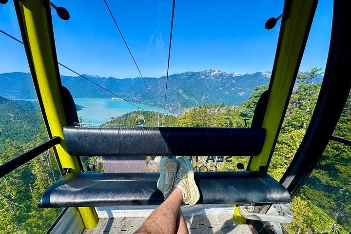 View from a Sea to Sky Gondola cabin over Howe Sound and forested mountains, an optional add-on